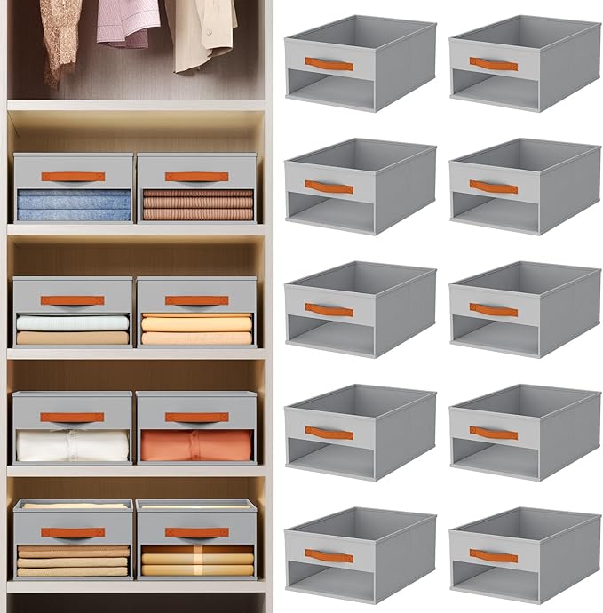 Homsorout Drawer Organizers and Storage - 10 Pack Foldable Pants Organizer with Clear Window & Handles, Fabric Closet Organizer for Clothes, Jeans, Sweaters, Towels, T-shirt, Scarf (Grey)