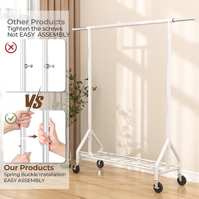 HYSEYY Heavy Duty Clothes Rack Load 450 LBS, Metal Garment Rack, Standing Rolling Clothing Rack for Hanging Clothes with Sturdy Wheels & Shelves, Portable Closet Wardrobe Rack,White