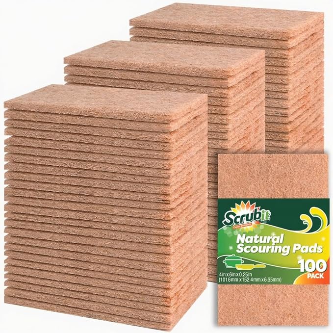 SCRUBIT 100 Pack Natural Scouring Pads - Heavy Duty Scrubbing Pads for Dishes - Non-Scratch - Reusable - Natural, Eco-Friendly, Biodegradable Sisal Brown Sponges for Dishes, Compostable