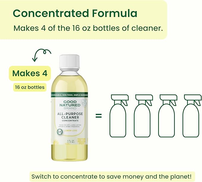 Good Natured Brand All-Purpose Cleaner Concentrate | Multi-Surface Cleaner | Natural Lemon Essential Oil | Multipurpose Cleaner Concentrate All Surfaces | Lemon Love | 4oz makes 64oz