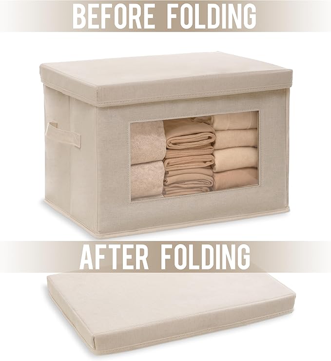 Citylife 3-Pack Storage Bins with Lids, Fabric Foldable Storage Bins with Soft Cord Handles, Canvas Storage Bin with Lid for Organizing Clothes, Blankets and Books, Beige