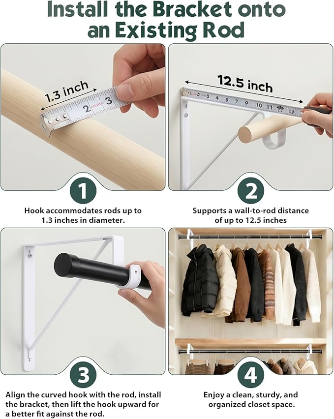 Supforce 6 Pack Closet Rod Bracket, Heavy Duty Closet Rod Support with Rod Holder, Wall Mounted Closet Shelf Brackets with Triangle Stabilizing Design for Closet, Bathroom and Kitchen, Black