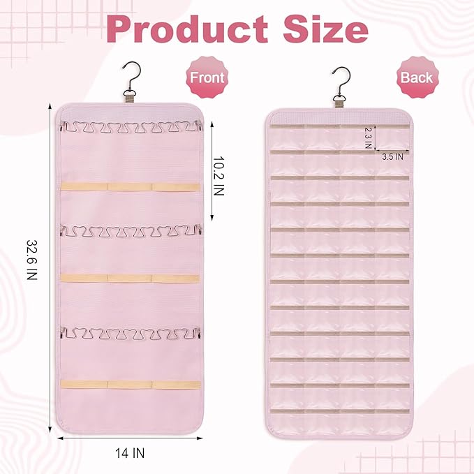 Dynoro Double-Sided Hanging Jewelry Organizer, Large Pink Storage Roll for Earrings, Necklaces, Rings, 48 Pockets 21 Hooks, Durable Oxford Fabric for Closet, Wall, Door, 1 piece, Jewelry Not Included