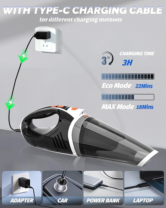 Handheld Vacuum Cordless, Car Vacuum Cleaner with Powerful Suction, 2 Modes Mini Hand Vacuum, Dry & Wet, LED Light, Portable Vacuum for Car Pet Hair, Home, Office, Keyboards Black Orange