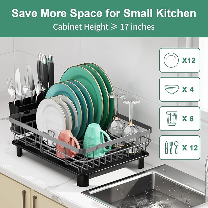 MOUKABAL Dish Drying Rack, Dish Rack, Stainless Steel Dish Racks for Kitchen Counter, Dish Drainer with Removable Utensil Holder, Drainboard (Grey,13''W x 17''L)