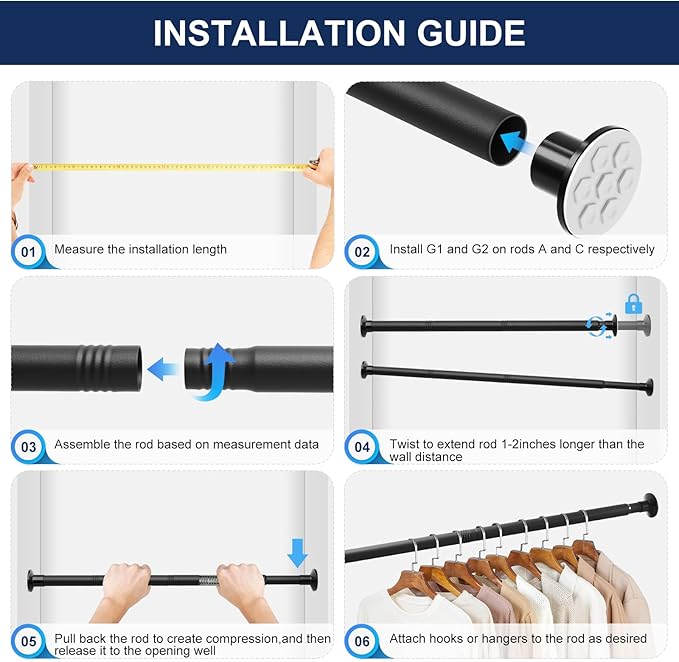 No Drilling Closet Rod, 27.5-63 Inches Hanging Closet Rod for Clothes, Closet Bar & Pole Heavy-duty, Closet Rods for Hanging Clothes For Closet Wardrobes Bathroom Laundry RV Curtains,Black