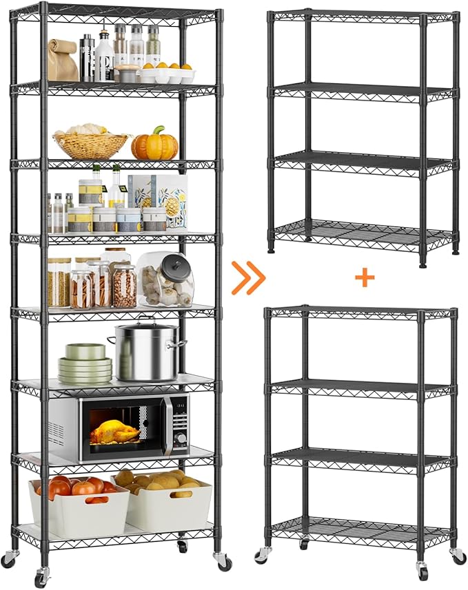 Golpart 8 Tier Shelves Storage Shelf Wire Closet Bathroom Organizers Metal Pantry Kitchen Garage Shelving Unit Laundry Room Organization Home Rack Net Basket Black with Wheels 12”D X 22”W X 74.2”H