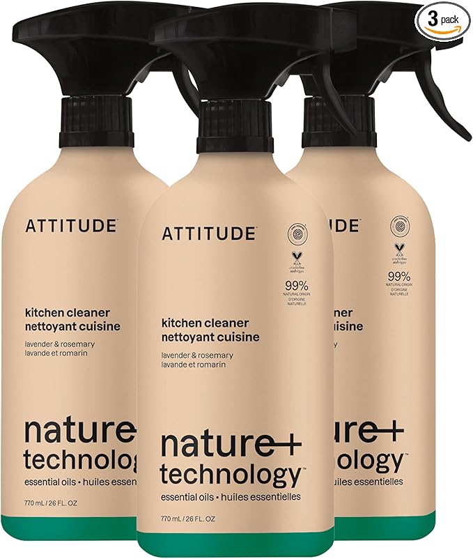 ATTITUDE Kitchen Cleaner Spray, EWG Verified, Degreaser Spray to Cut Grease & Grime, Plant-Based & Vegan, Lavender & Rosemary, 26 Fl Oz (Pack of 3)
