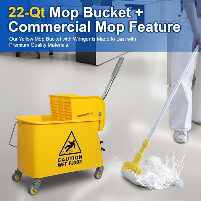 Mop Bucket with Wringer, 22 Qt (5.5 Gallon), Handle, Wheels,Floor Cleaning, 16.5" L x 10.6" W x 26.4" H, Yellow,Add One Cotton Mop