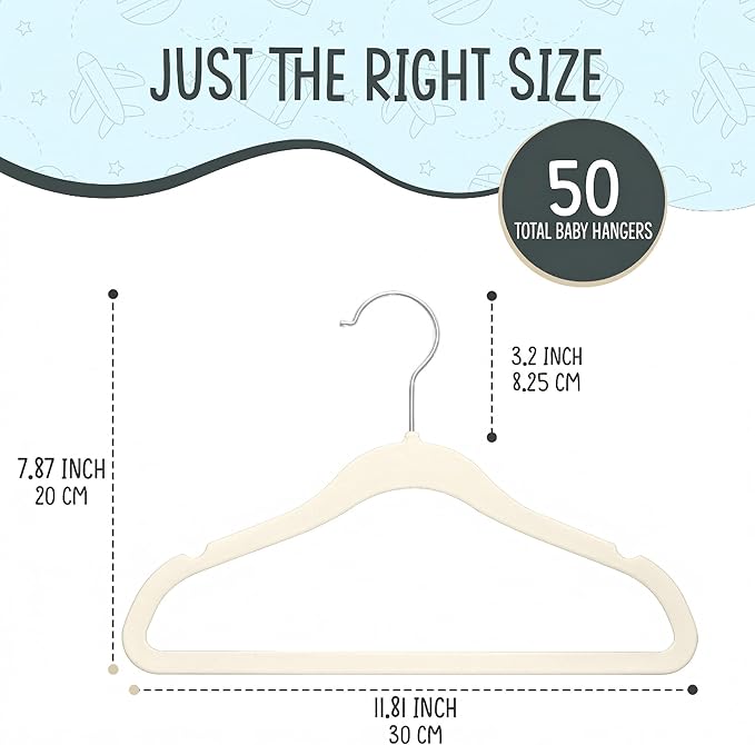 TechZoo 50 Premium Baby Velvet Hangers - 11.8" Non-Slip, Ultra-Slim Space-Saving Children Closet Hangers - 360° Swivel Hook, Strong & Durable Infant & Toddler Clothes Hangers for Wardrobe - Ivory