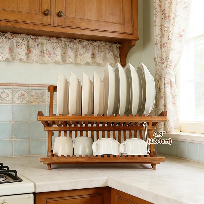 Utoplike Teak Dish Drainer Rack Collapsible 2 Tier Dish Rack Dish Drying Rack Foldable Plate Organizer Holder for Kitchen Compact Countertop