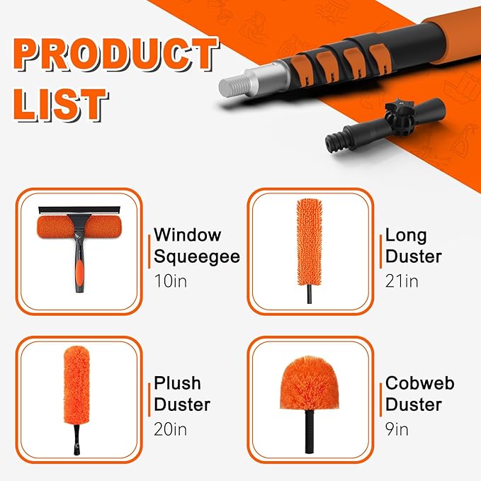 20FT Reach High Ceiling Duster Kit, Window Cleaning kit with 3-12FT Extension Pole, Fan Duster for Ceiling Fan Blades, Microfiber Feather Duster, Rotatable Window Squeegee and Cobweb Duster
