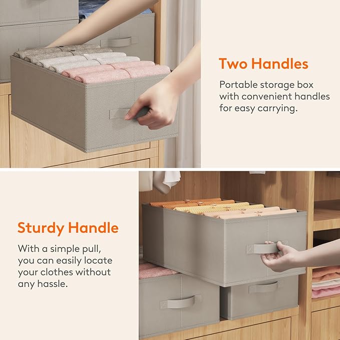 Lifewit 3 Pack Clothes Organizer, 6 Grids Closet Jean Storage Bins with Handles and Support Boards, Foldable Drawer Organizer for Sweater, Pants, T-shirt, Dress, Grey, 42 x 27 x 17 cm/16x10x7''