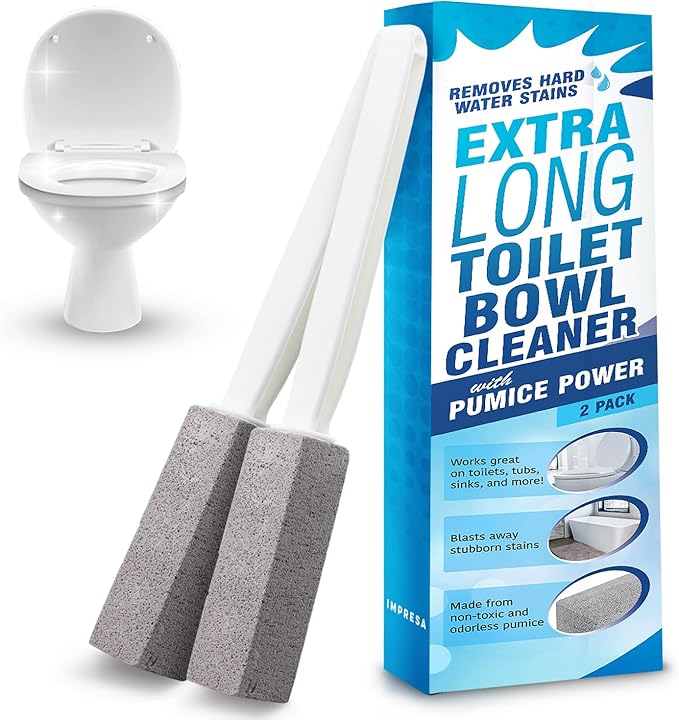 IMPRESA Pumice Stone Toilet Cleaner with Handle - 2 Count, White Hard Water Stain Remover & Toilet Bowl Cleaner - Versatile Pool Tile & Grout Cleaning Tool