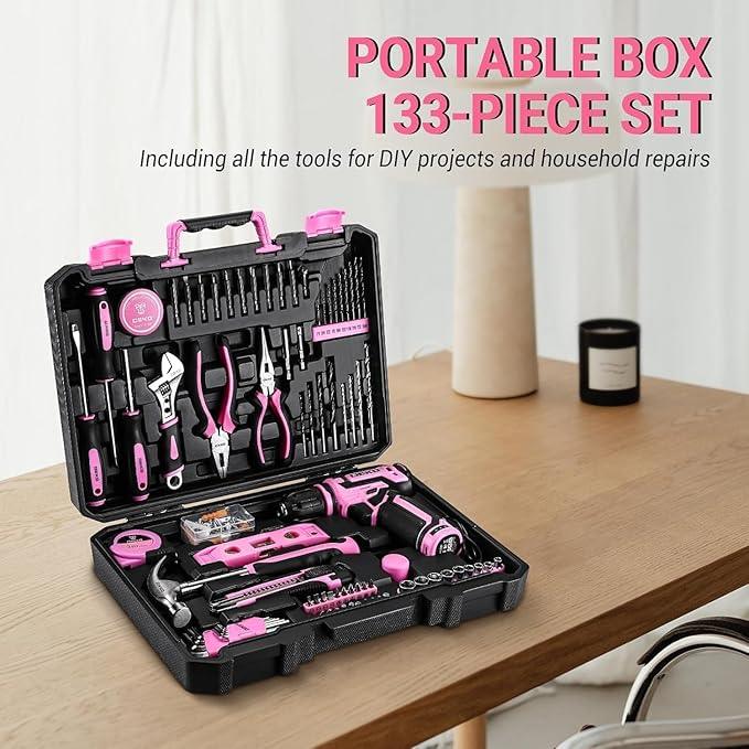 Pink Drill Tool Set Kit DEKOPRO Power Cordless Drill Tool Box with 12V Electric Pink Drill Driver Set for Women Home Hand Repair Tools Sets Drills Case