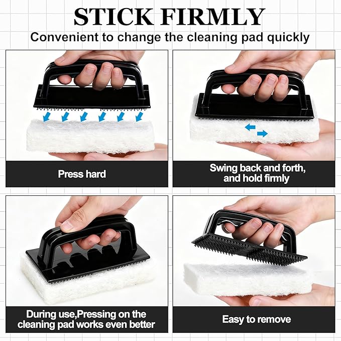 Maxdot 18 Pcs Handled Bath Scrubber Set, 15 Bathroom Scouring Pad 3 Bathtub Scrubber with Handle Non Scratch Soap Scum Remover for Cleaning Sink Shower Tile Swimming Pool Step Corner (Black and White)