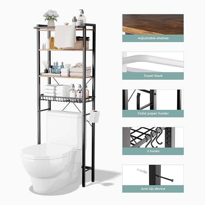 GRUSIGN Over-The-Toilet Storage Shelf, 4-Tier Bathroom Organizer Shelf, Freestanding Space Saver Shelves Over Toilet with Adjustable Shelf for Bathroom, Brown