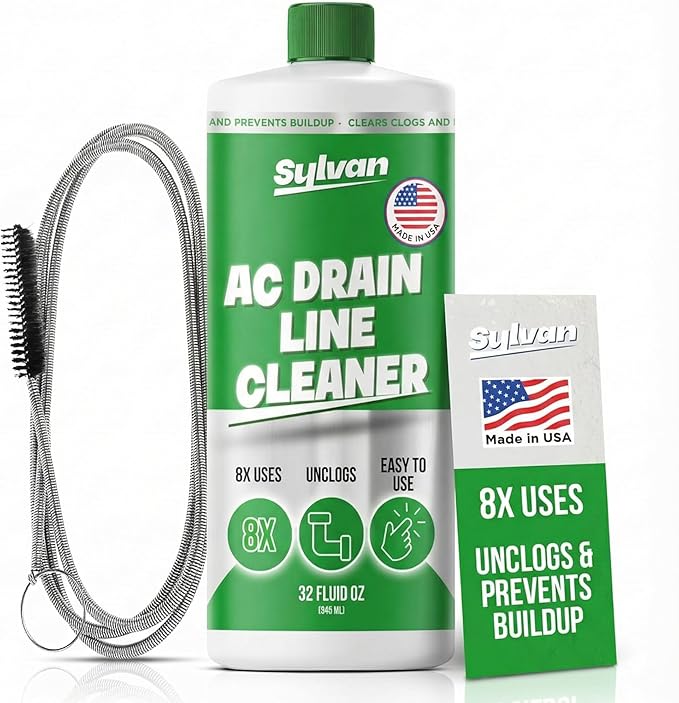 Sylvan AC Drain Line Cleaner | Free XXL Drain Brush | 32 Oz | 12 Month Supply | Made in USA | Universal Compatibility | Removes Clogs and Buildup from HVAC Condensate Lines | Air Conditioner Unclogger