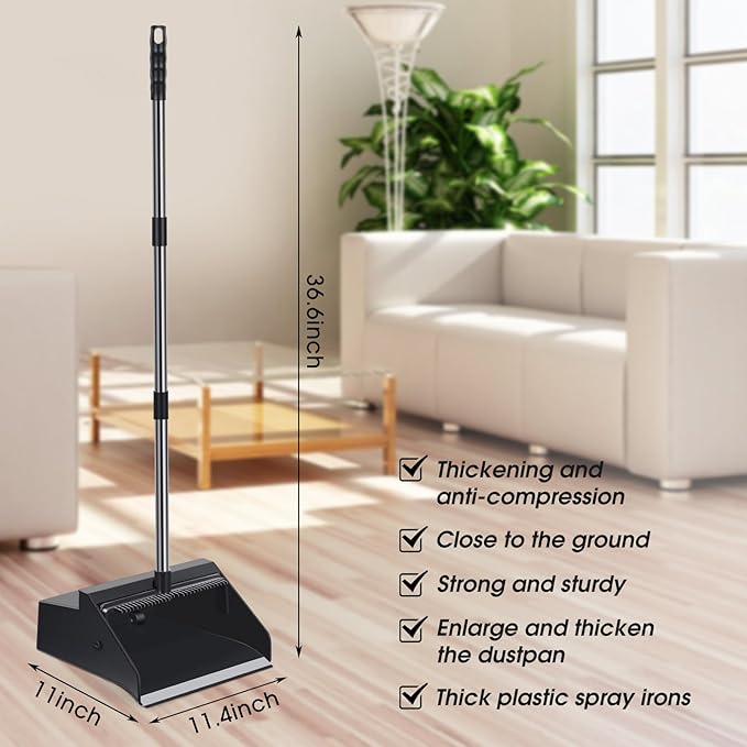 Leumoi 2 Pcs Dust Pans with Long Handle Set 36.6 Inch Commercial Dust Pan with Comb Large Plastic Stand up DustPans for Outdoor Indoor Restaurant Home Office Floor Cleaning (Black)