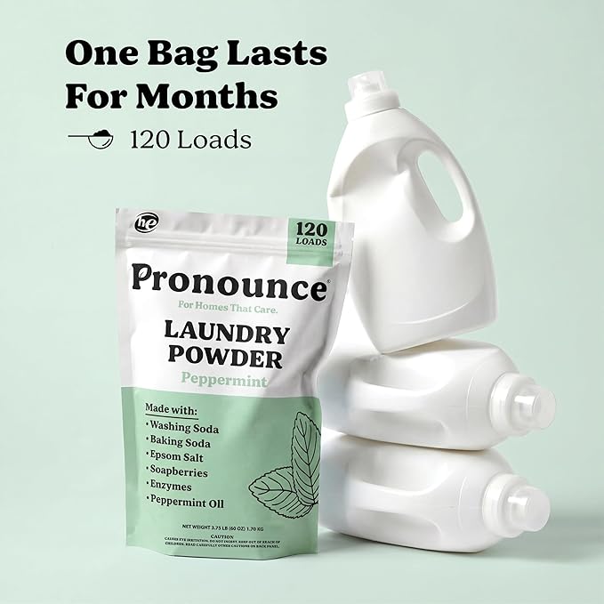 Pronounce Laundry Detergent Powder Alternative | Non-Toxic, Eco-Friendly, Natural for Sensitive Skin, Eczema, and Babies. Stain + Smell Fighting. HE Safe (Peppermint, 120 Loads)