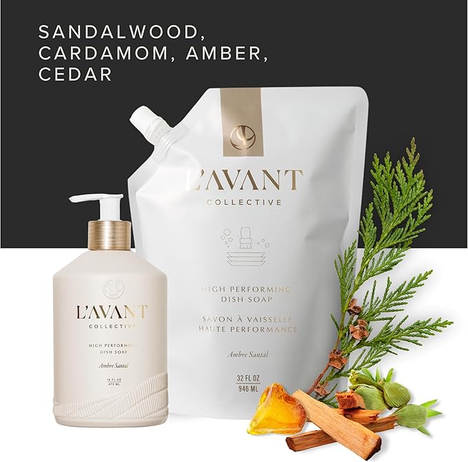 L’AVANT Collective High Performing Dish Soap | Plant-Based, Naturally Derived Formula, Ambre Santal Scent | 16 Fl oz Refillable Bottle | Luxury Kitchen Cleaning w/Elegant Countertop Design