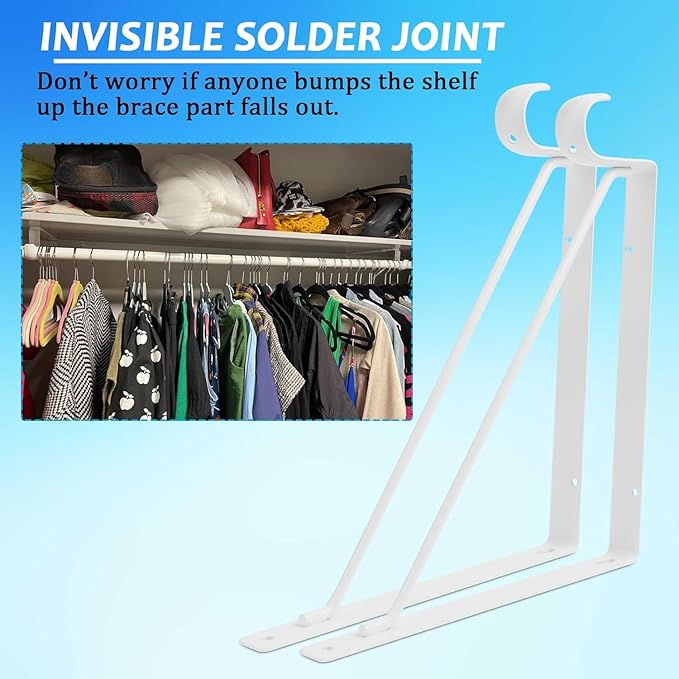 4 Pack Heavy Duty Closet Shelf Rod Brackets 11x11 Inch, 300lbs Wall Mount Closet Shelves Bracket with Rod Shelving Support, Closet Pole Support Bracket with Fixed Hardware, White