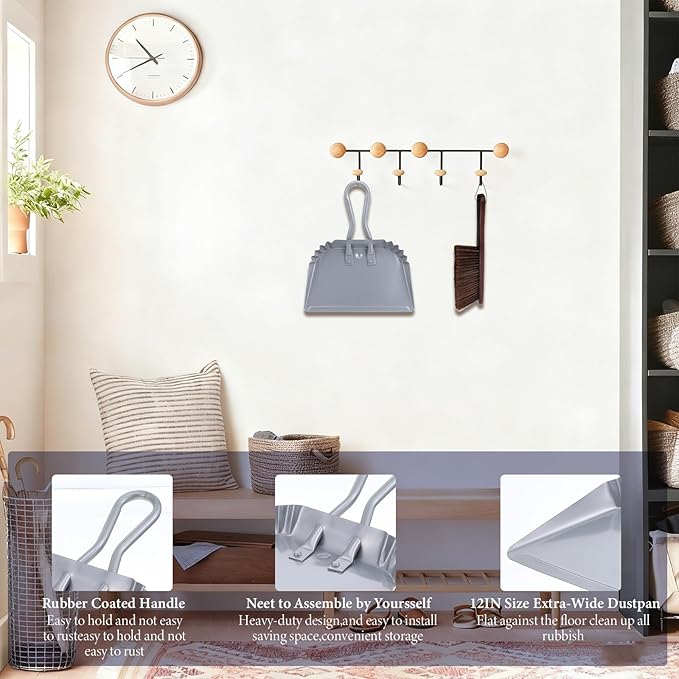 2pcs Metal Dustpan and Brush Set, 12In Extra Large Handheld Dust Pan and Wood Broom,Heavy-Duty Dust Pans Metal Edge Flat Against Floor for Patio/Pet/Car/Outdoor