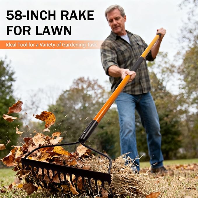 Garden Rake - 14 Tine Heavy Duty Rake with 58 Inch Fiberglass Handle