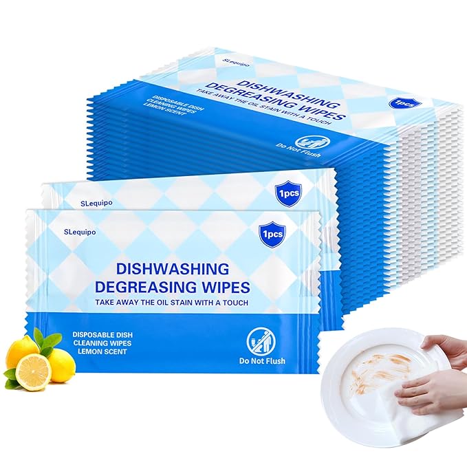 50 Pcs Dish Cleaning Wipes Individually Wrapped Travel Dish Soap Wipes,Portable Cleaning Wipes Disposable Wipes for Kitchen Outdoor Traveling Camping Quick Clean,Lemon Scent
