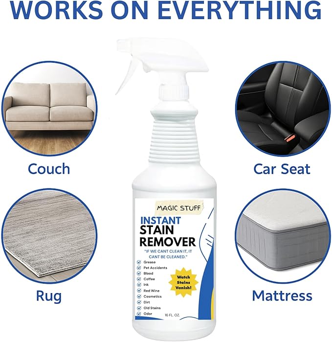 Magic Stuff Instant Stain Remover - Fast-Acting Carpet & Upholstery Cleaner - Removes Food, Wine, Coffee & Pet Stains- Odor-Free, No Rinse, Kid & Pet Safe Formula