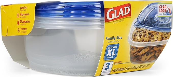 Glad GladWare XL Square Food Storage Containers with Lock Tight Lids, Family Size BPA Free Plastic Containers for Leftovers and Meal Prep, Reusable Dishwasher Safe, 104 Oz, 3 Count