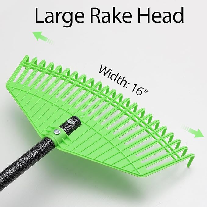 Plastic Rake for Leaves, 23 Tines 16" Wide Plastic Lawn Gravel Shrub Leaf Rake for Leaves and Grass, Thatch Garden Rakes for Yard Heavy Duty Long Handle 35-65"
