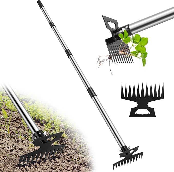 Weed Puller Tool with Long Handle, 2 in 1 Manual Weed Rake and Garden Hoe, 11 Tooth Weed Remover Tool, Hoe Garden Tool, Uprooting Weeding Tool for Yard, Lawn, Patio and Garden