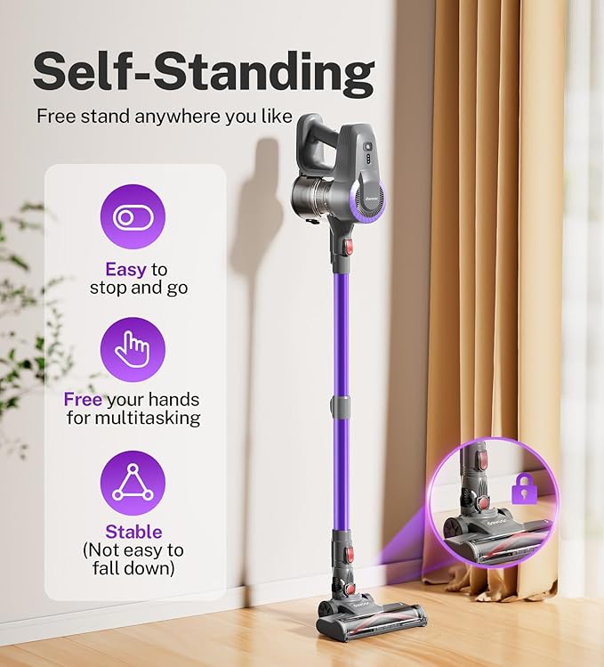 DEVOAC Cordless Vacuum Cleaner, Ultra-Lightweight Stick Vacuum, 2200mAh Battery Up to 40mins Runtime, 6 in 1 Powerful Handheld Vacuum for Home Hard Floor Carpet Pet Hair (Purple)