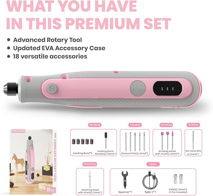 Rotary Tool Kit, Cordless Rotary Tool, Mini Rotary Tool 4V, Variable Speed, with Upgraded Accessories, for Carving, Engraving, Sanding, Polishing, Cutting, DIY Crafts and Pet Nails, Pink