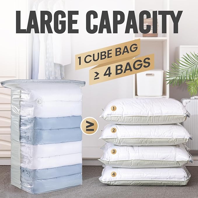 TAILI Vacuum Storage Bags 4 Pack, Jumbo Cube (31x40x15 Inch), Extra Large Vacuum Seal Bags for Clothing, Comforters, Blankets, Pillow, Bedding, Sweater, Closet Organizers, Space Saving, Cream