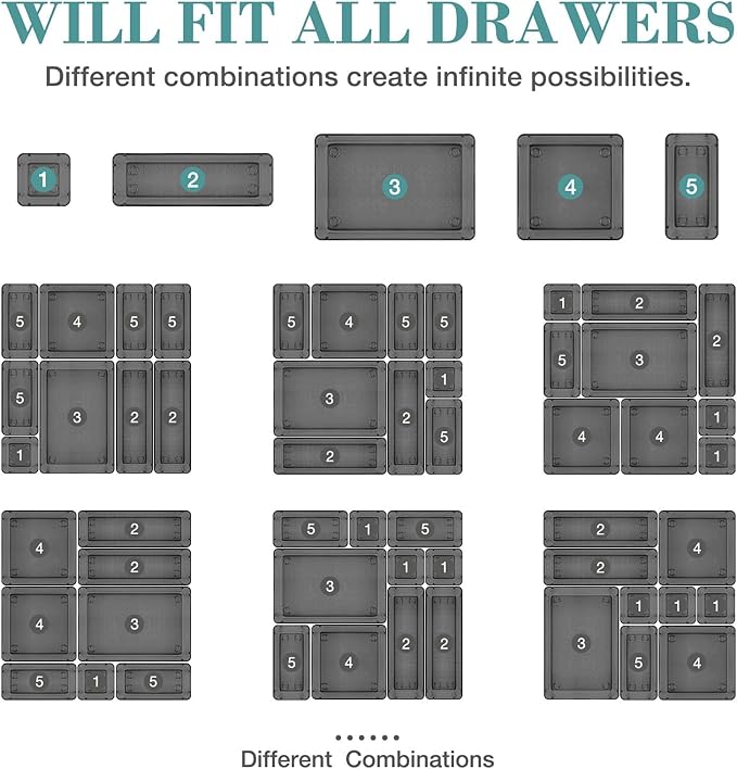 StorMiracle 25 PCS Drawer Organizer Set, 4 Varied Size Bathroom and kitchen Drawer cabinet organizer Trays, Clear Storage Bins for Makeup, Jewelry, Utensils and Gadgets，Black