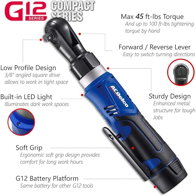 ACDelco ARW1209P G12 Series 12V Li-ion Cordless 3/8” 45 ft-lbs. Ratchet Wrench Tool Kit
