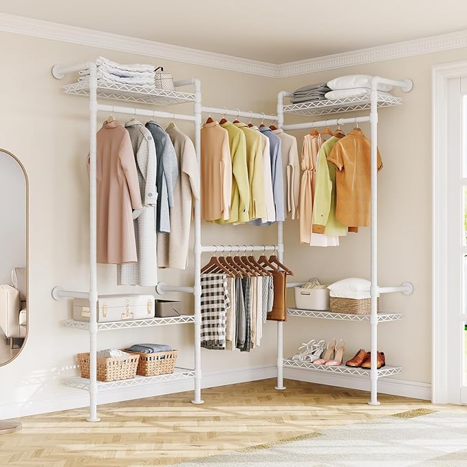 L3 Industrial Pipe Closet Organizer System, Wall Mounted Clothes Rack Clothing Racks with 4 Telescopic Rods & 6 Shelves , Heavy Duty Closet System in Wardrobe Closet (White)