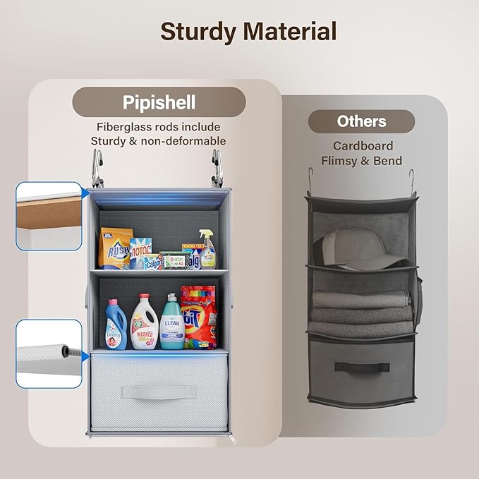 Pipishell 6-Shelf Hanging Closet Organizer with 2 Separable 3-Tier Shelves, 3 Drawers & Side Pockets Closet Organizers and Storage for Wardrobe Organization and Nursery Clothes Organizer, Gray