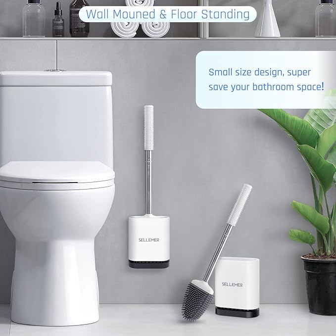 Sellemer Toilet Brush and Holder Set for Bathroom, Flexible Toilet Bowl Brush Head with Silicone Bristles, Compact Size for Storage and Organization, Ventilation Slots Base (1 Pack, White)