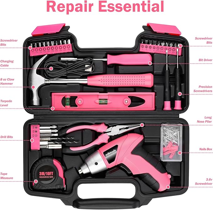 Electric Screwdriver Tool Set 112PCS, Home Tool Kit with 3.6V Small Power Cordless Screwdriver for Women, Pink