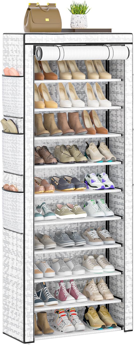 OYREL Shoes Rack 10 Tier Tall Shoe Rack with Storage Pockets, Fabric Covered Shoe Racks,Metal Shoes Rack Organizer for Closets,Bedroom, Garage