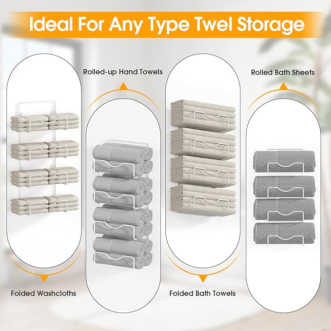 Towel Racks for Bathroom,Towel Rack Wall Mounted, 6 Tier Rolled Or Folded Towel Holder with Floating Shelves, Bathroom Towel Holder for Bath, Hand Towels,White,Walnut Wood Panel