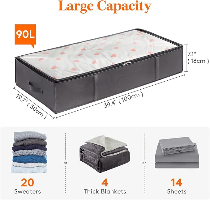 Lifewit 95L 6 Pack Under Bed Storage Containers, Large Capacity Blanket Storage Bags with Reinforced Handle, Organization and Storage for Comforters, Sheets, Clothes, Bedroom, College Dorm, Grey