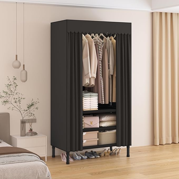 Portable Closet,Garment Rack,Heavy Duty Clothes Rack with Cover,Wardrobe Closet with 1 Hanging Rods, 2 Storage Shelves,27.5" L x 17.7" W x 67.7" H,Black