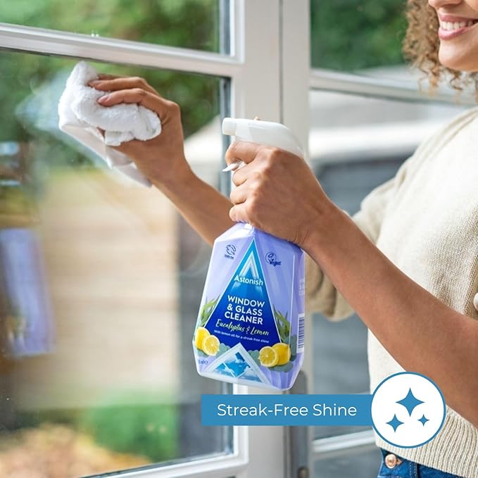 Astonish Streak Free Window & Glass Cleaner Spray Bottle With Vinegar For Deep Cleaning - Eucalyptus & Lemon Scented Home And Bathroom Cleaner - Vegan Cruelty Free Household Cleaning Supplies, 750ml