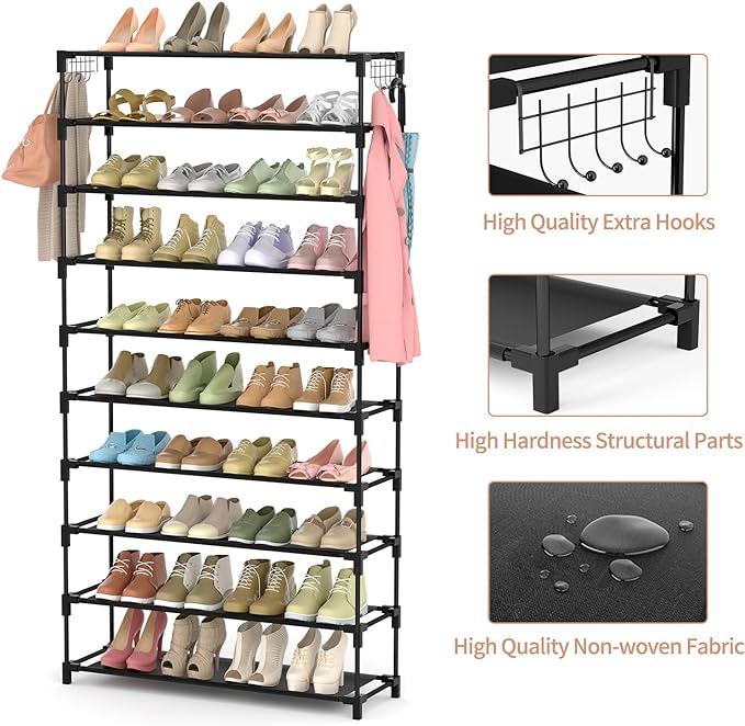 LANTEFUL 10 Tiers Shoe Rack 50 Pairs Large Capacity Tall Shoe Organizer Sturdy Shoe Storage with Two Hooks Space Saving Metal Wide Shoe Rack for Closet, Entryway, Bedroom, Black