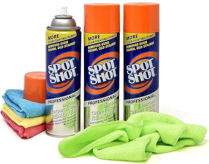 Spot Shot 18 oz Professional Carpet Stain Remover 3 Pack, and 4 UBEN Microfiber 12x12 Cleaning Cloths Included