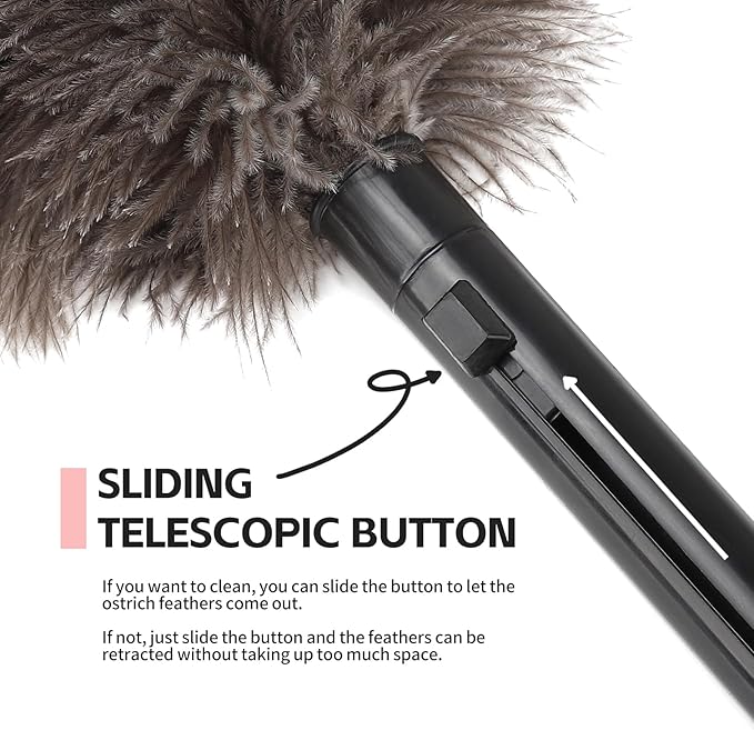 Retractable Feather Duster-Genuine Ostrich Feathers,Anti-Static,Reusable Eco-Friendly Handheld Cleaning for Keyboard,Home,Car,Office(10 to 15 Inches) 2 Pack